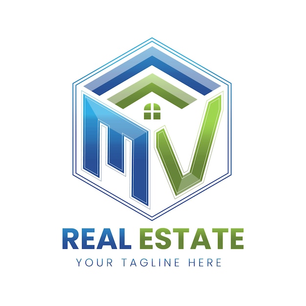 Vector logotipo de bienes raíces mv de gradiente vectorial