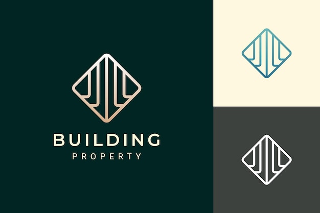Logotipo de bienes raíces o apartamentos en forma de lujo y futurista.