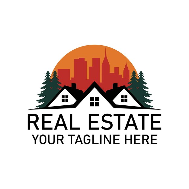 Logotipo de bienes raíces con paisaje urbano y casas