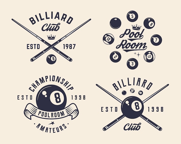 El logotipo de billar 8ball tiene 4 etiquetas relacionadas con el billar, insignias y emblemas.