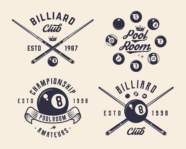 Vector el logotipo de billar 8ball tiene 4 etiquetas relacionadas con el billar, insignias y emblemas.