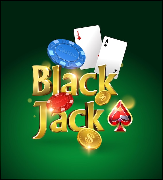Logotipo de blackjack sobre un fondo verde con tarjetas, fichas y dinero. Juego de cartas. Juego de casino. ilustración