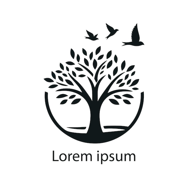 un logotipo blanco con un árbol y pájaros volando en el fondo
