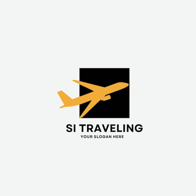 un logotipo blanco con un avión y un cuadrado negro en él