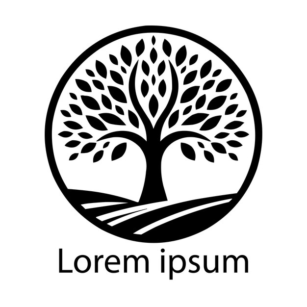 un logotipo blanco y negro con un árbol en el medio