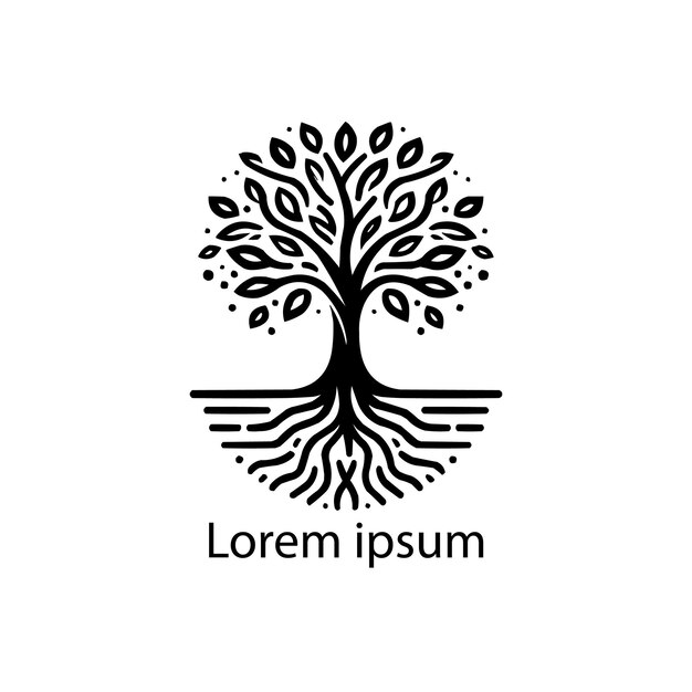un logotipo blanco y negro con un árbol en el medio
