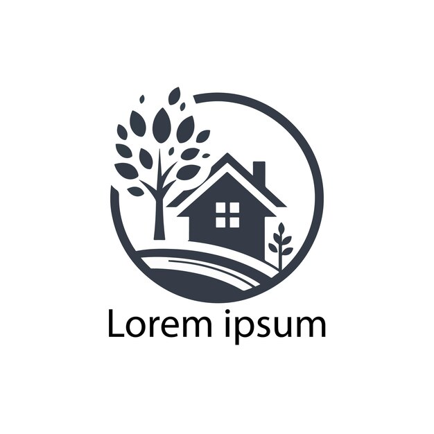 un logotipo en blanco y negro para una casa con un árbol en la parte superior