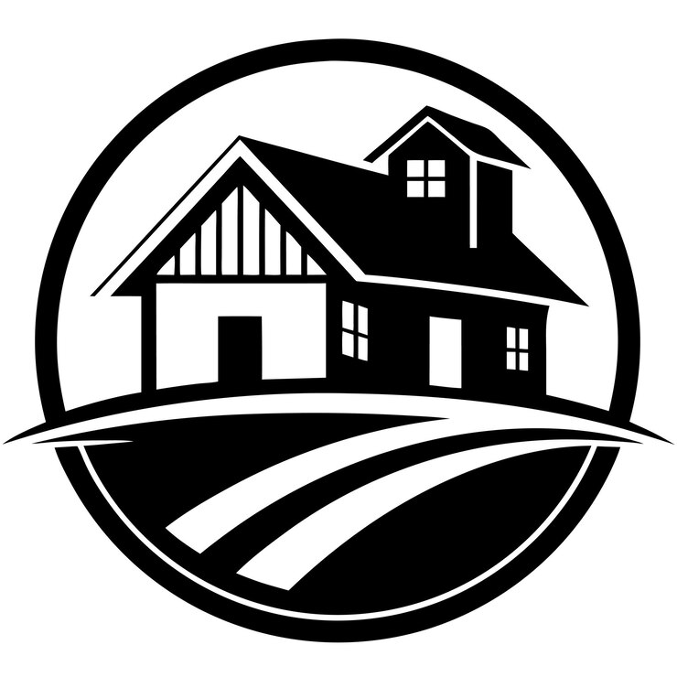 Un logotipo en blanco y negro de una casa con una casa en el fondo