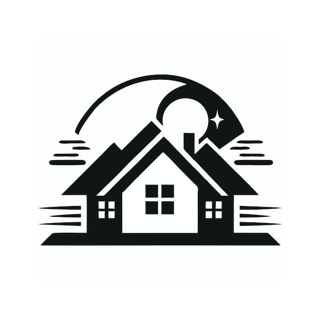 un logotipo en blanco y negro de una casa con una casa en el fondo