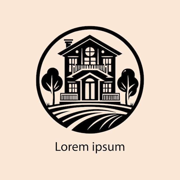 un logotipo en blanco y negro con una casa en el medio
