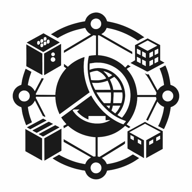 Logotipo en blanco y negro con un círculo conectado a cubos que simbolizan la interconexión y la unidad Un diseño intrincado que simboliza la complejidad de la encriptación