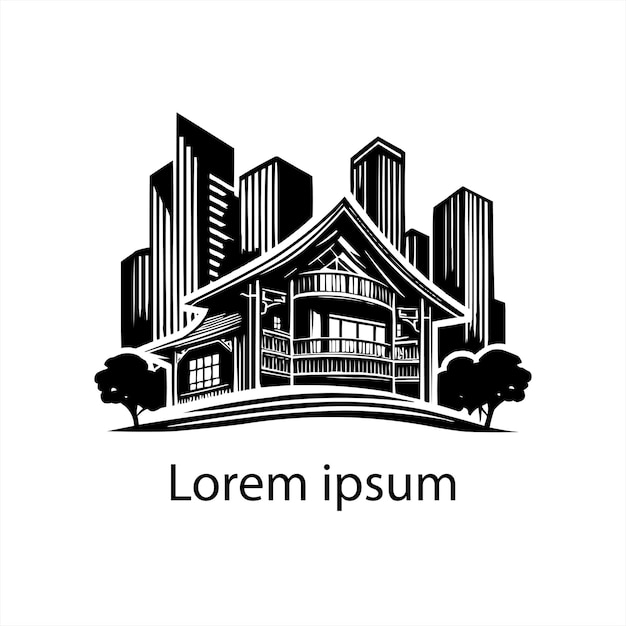 un logotipo en blanco y negro para un edificio con una imagen de un edificio en el fondo