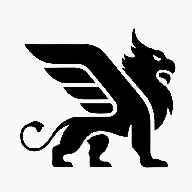 un logotipo blanco y negro de un león alado con alas