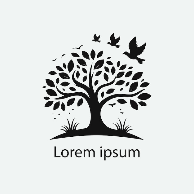 un logotipo blanco y negro con pájaros y árboles