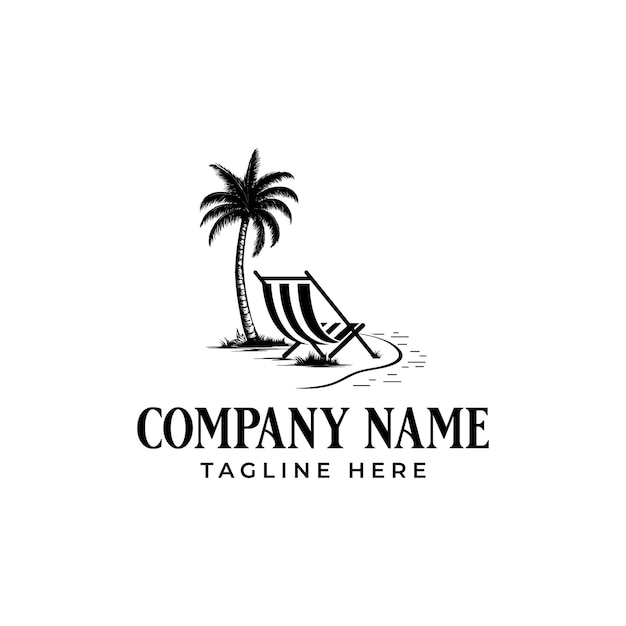 Logotipo en blanco y negro con una palmera y una silla de playa.