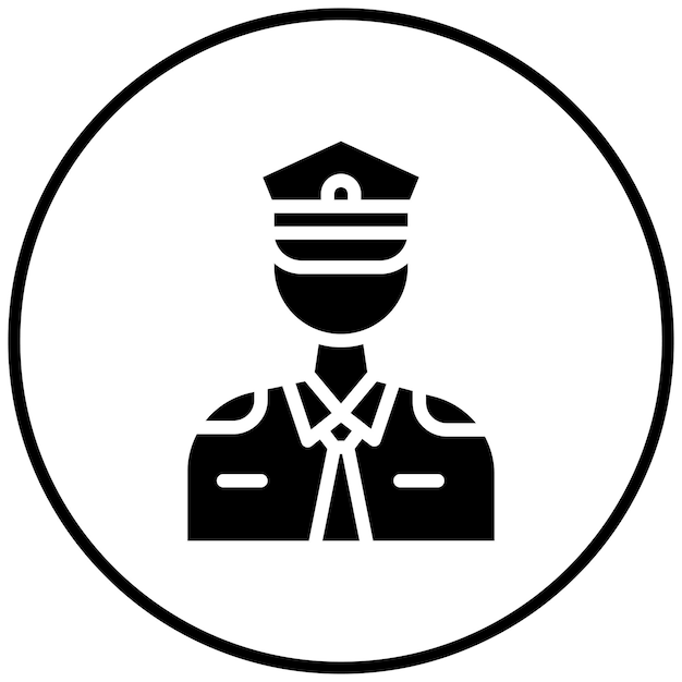 un logotipo blanco y negro con una persona que lleva un uniforme que dice policía