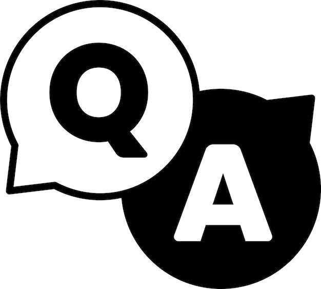 Un logotipo en blanco y negro con una pregunta y una respuesta en él