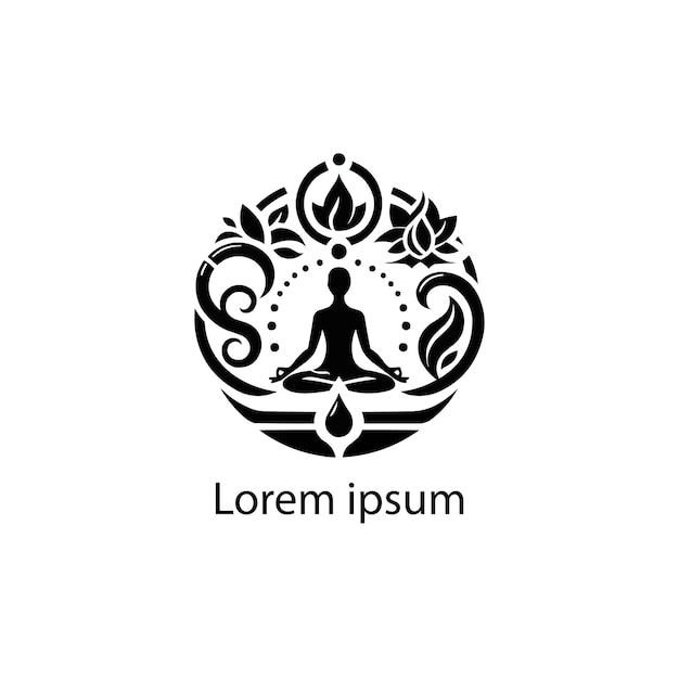 un logotipo blanco y negro con un símbolo de una persona en una postura de yoga