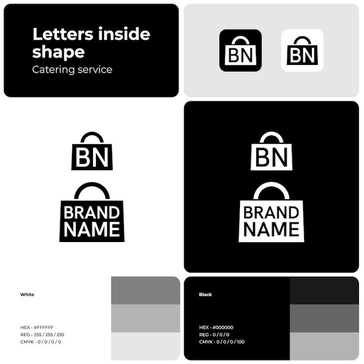 Vector logotipo blanco y negro de la tienda de comestibles con nombre de marca icono de bolsa de compras elemento de diseño creativo e identidad visual plantilla con fuente grotesca hanken adecuada para el servicio de alimentos de la empresa de catering