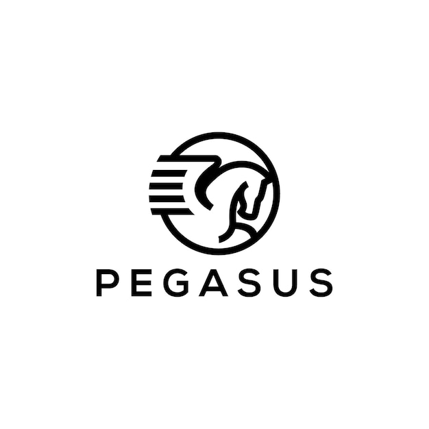 Logotipo blanco y negro del vector de plantilla de pegaso aislado en fondo blanco