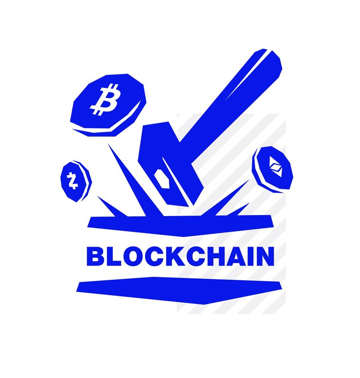 Vector logotipo de blockchain de moneda criptográfica y minería extracción de monedas criptográficas