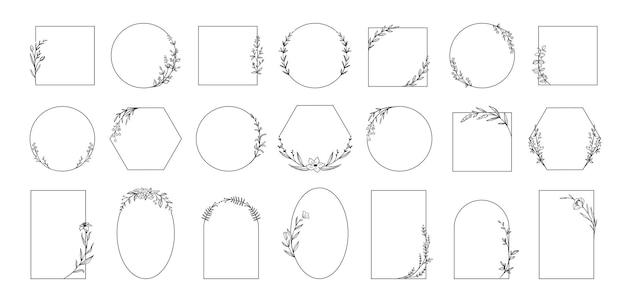 Logotipo de boda marcos florales vacíos geométricos minimalistas formas redondas o cuadradas caligráficas con ramas y flores de plantas hierbas o flores elegantes contornos botánicos aislados por vectores