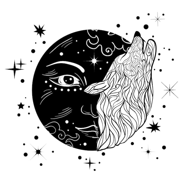 Vector logotipo bohemio con lobo o hombre lobo aullando a la luna ilustración de estilo artístico del tatuaje