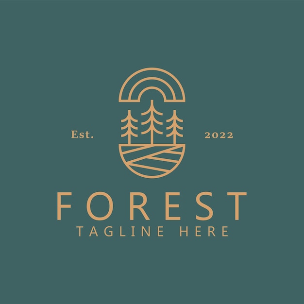 Logotipo de bosque natural estilo de línea geométrica con pino abstracto para marca comercial estilo retro.