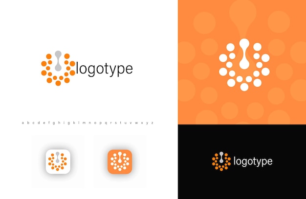 Logotipo de botón de encendido abstracto con puntos de fusión que simbolizan la innovación de activación de energía ideal para