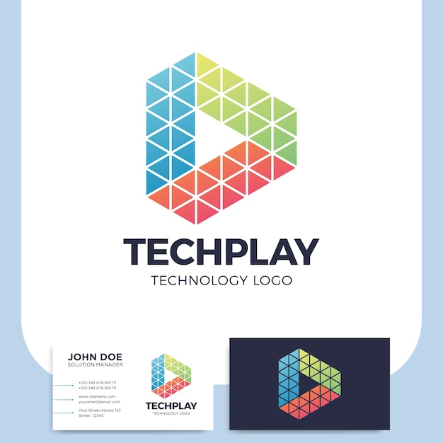 Logotipo de botón de reproducción de medios triángulo multicolor en estilo poligonal