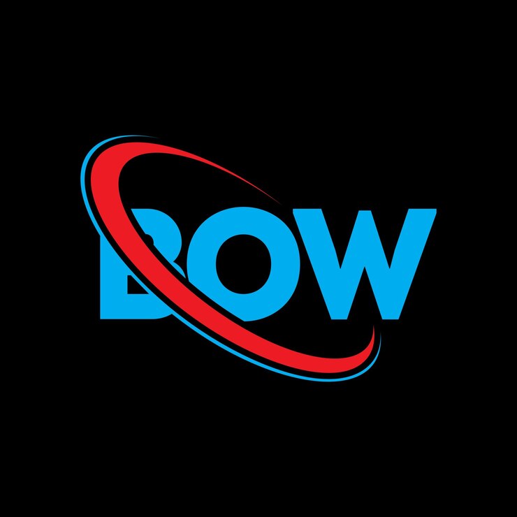 Vector el logotipo bow, la letra bow, el diseño del logotipo, las iniciales bow, vinculado con un círculo y un monograma en mayúsculas, la tipografía bow para el negocio tecnológico y la marca inmobiliaria.