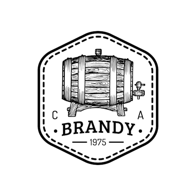 Logotipo de brandy signo de coñac vectorial con barril de madera insignia de etiqueta tipográfica con barril esbozado a mano utilizado para el menú de la cafetería del restaurante