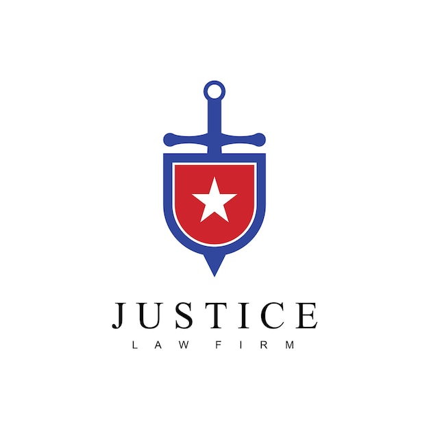 Logotipo de bufete de abogados de justicia con escudo de espada y símbolo de estrella