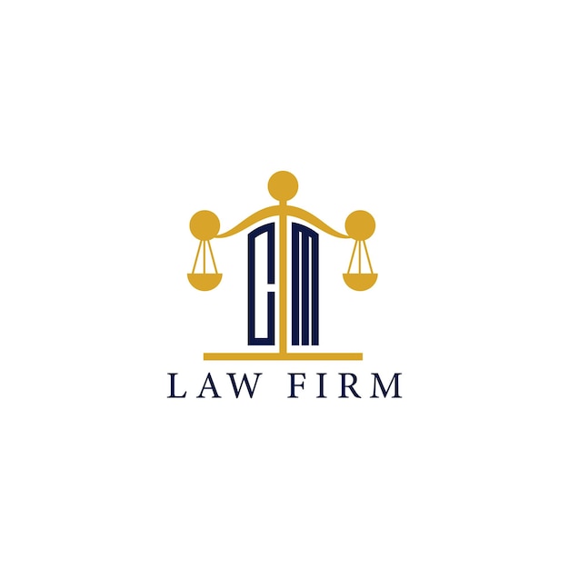 Logotipo del bufete de abogados moderno CM con balanzas de justicia