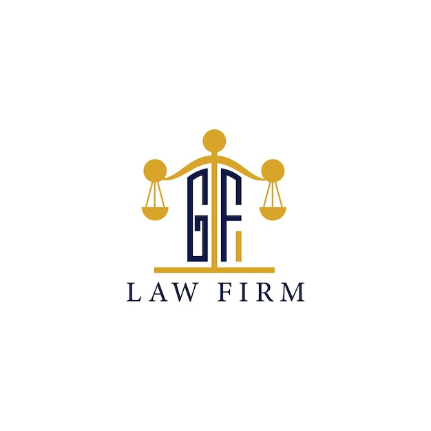 Logotipo del bufete de abogados moderno GF con balanzas de justicia