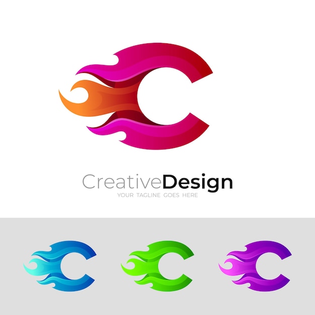 Logotipo de C con ilustración de diseño de fuego, icono de fuego rojo