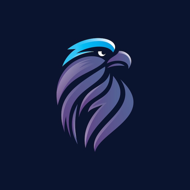Un logotipo de cabeza de águila en colores azul y púrpura que representa la fuerza y la elegancia