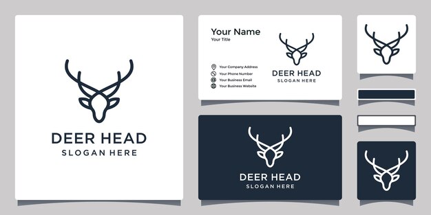 Logotipo de cabeza de ciervo con estilo de arte lineal y diseño de tarjeta de visita