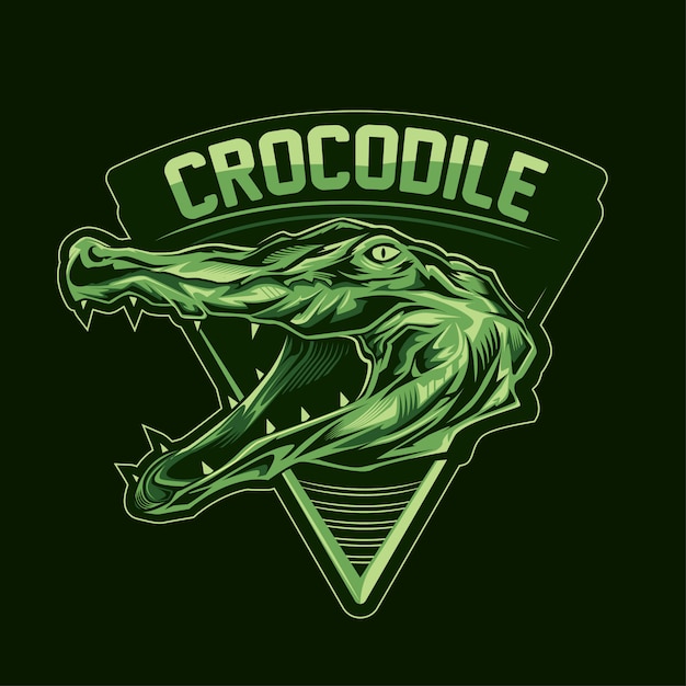 Logotipo de cabeza de cocodrilo con texto sobre fondo oscuro