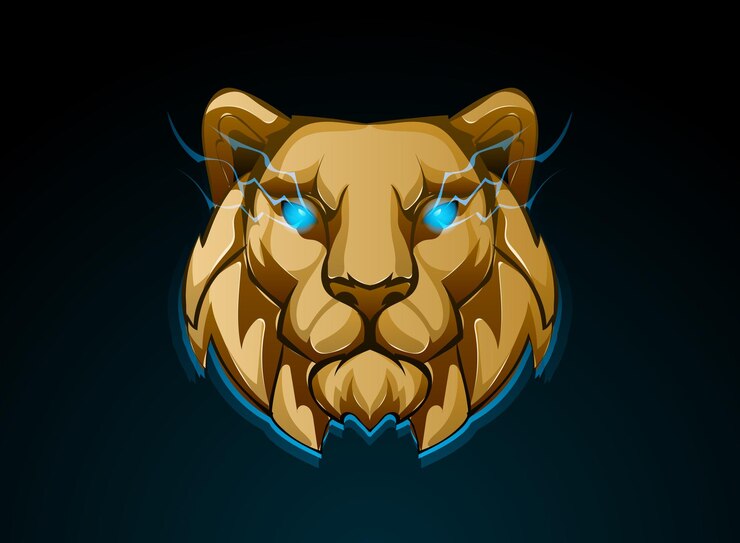 Vector logotipo de cabeza de león 3d con ojos de luz azul y aura con estilo de fantasía de icono de juego 3d dorado