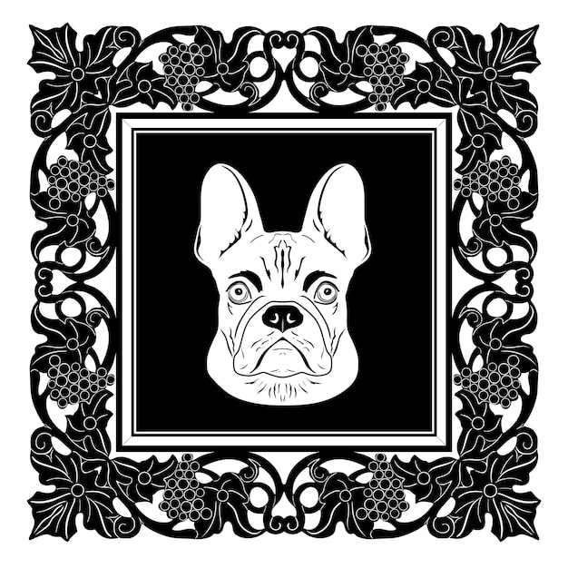 Vector logotipo de cabeza de perro con marco floral silueta hecha a mano modelo 44