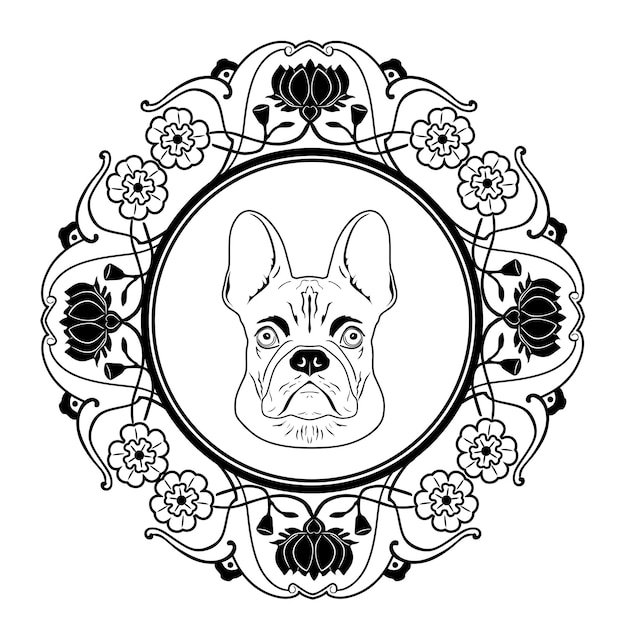 Logotipo de cabeza de perro con marco floral silueta hecha a mano modelo 62