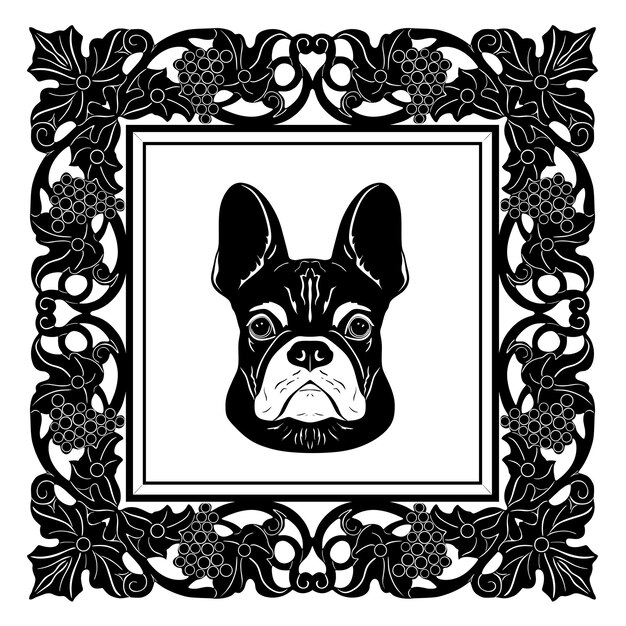 logotipo de cabeza de perro con marco floral silueta hecha a mano modelo 69