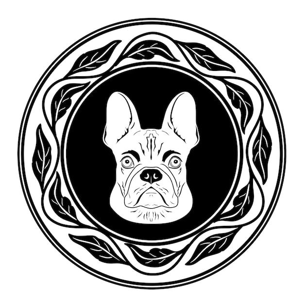 Logotipo de cabeza de perro con marco floral silueta hecha a mano modelo 70