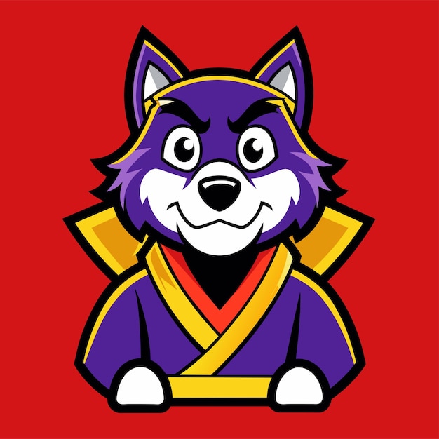 El logotipo de la cabeza del perro samurai es amarillo y púrpura