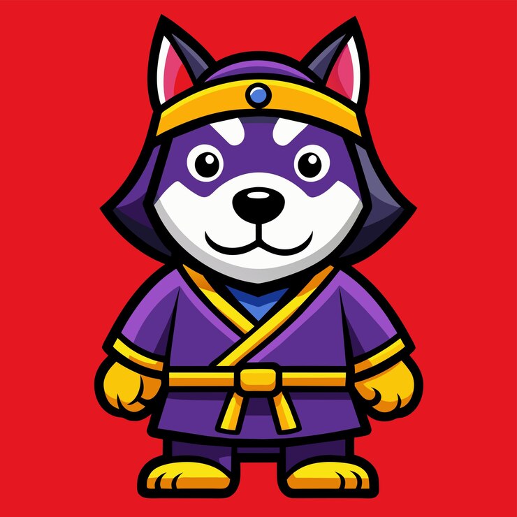 Vector el logotipo de la cabeza del perro samurai es amarillo y púrpura