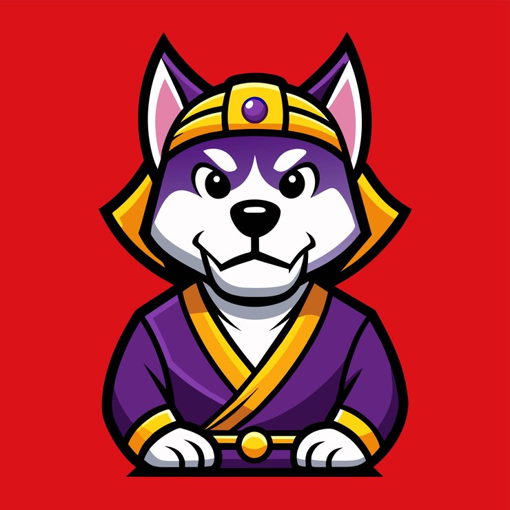 Vector el logotipo de la cabeza del perro samurai es amarillo y púrpura