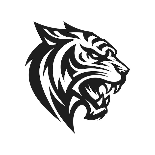 Un logotipo de cabeza de tigre y un tatuaje en un fondo blanco que está completamente siluetado animal salvaje