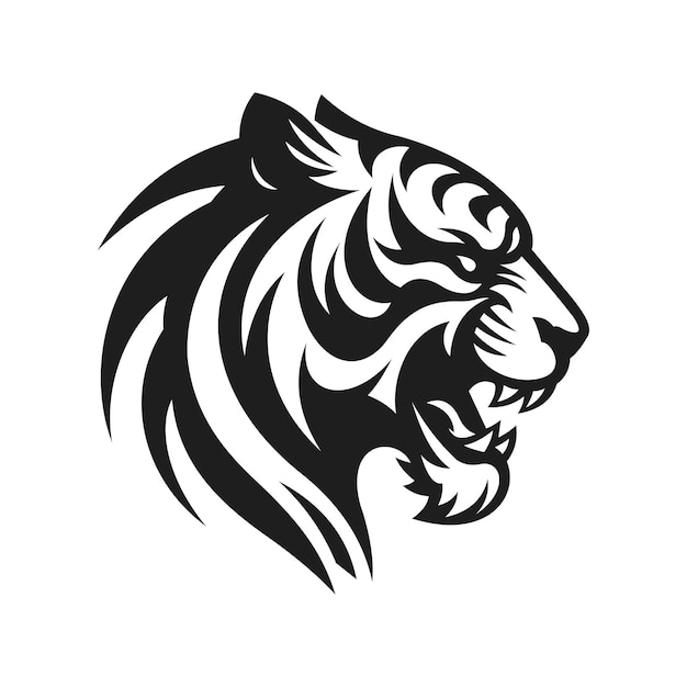 Un logotipo de cabeza de tigre y un tatuaje en un fondo blanco que está completamente siluetado animal salvaje