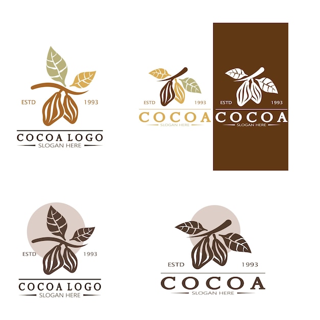 Logotipo de cacao cacao en grano árbol de cacao ramas de cacao y hojas vector de diseño de plantilla vintage de chocolate